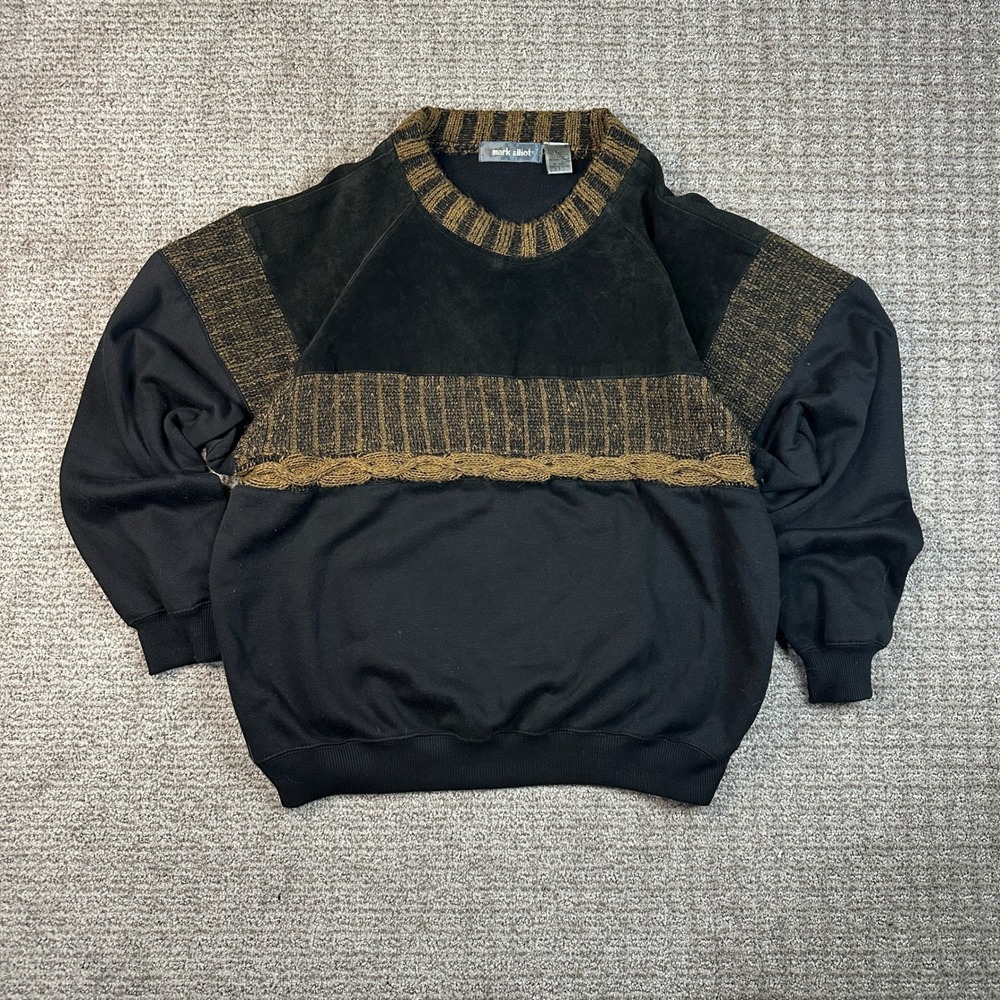 Mark Elliot Vintage Mens Large Black Suede Leather Knit Mixed Media Sweatshirt
